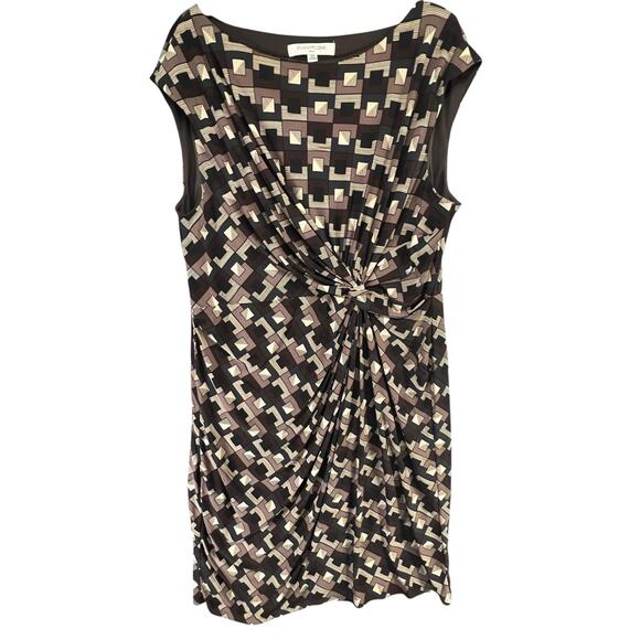 Evan Picone Sheath Dress Womens 18W Black Brown Geometric Twist Front Retro Chic - Picture 2 of 12